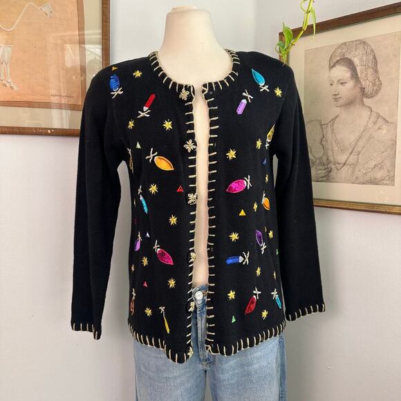 Lisa International Sweaters - VTG  Christmas Cardigan  Colorful Beaded Embellishments Black Holiday Sweater S